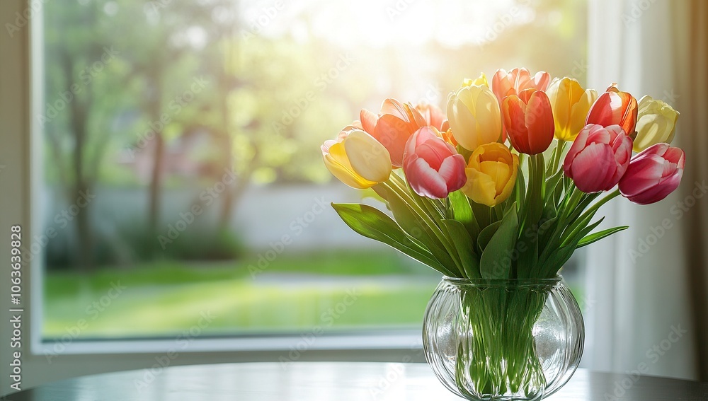 Colorful tulips in a glass vase on a table near a window with copy space Colorful tulips in a glass vase on a table near a window with copy space
