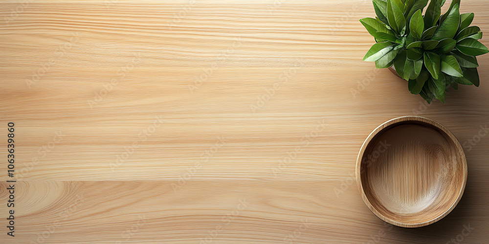 Light Wooden Table with Bowl and Green Plant – Top View Light Wooden Table with Bowl and Green Plant – Top View