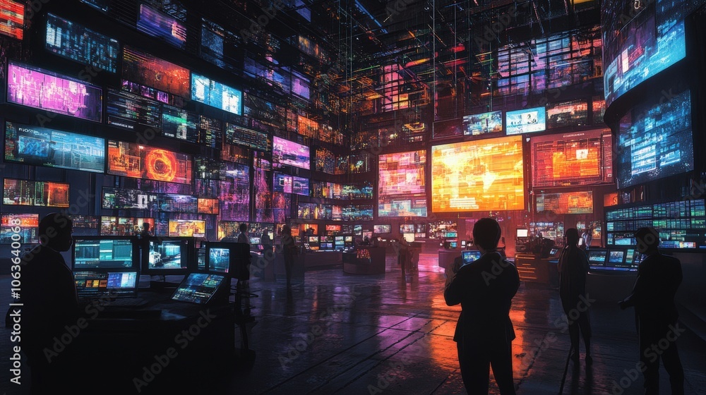 Neon-lit room filled with screens and figures. Neon-lit room filled with screens and figures.