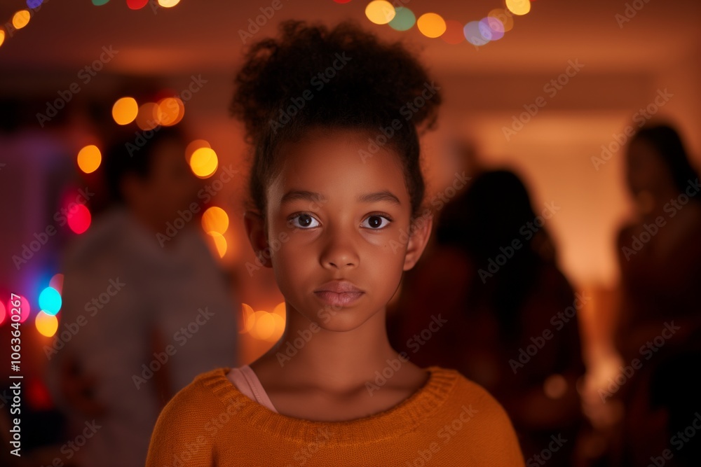 A girl stands thoughtfully in warm, dim lighting, soft bokeh lights in the background adding warmth A girl stands thoughtfully in warm, dim lighting, soft bokeh lights in the background adding warmth