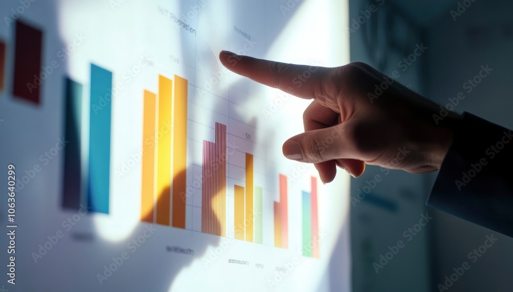 Hand Pointing at a Bar Graph Displaying Data and Trends Hand Pointing at a Bar Graph Displaying Data and Trends