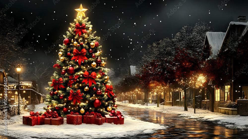 Obraz premium Snow Covered Christmas Tree Town 3D Illustration