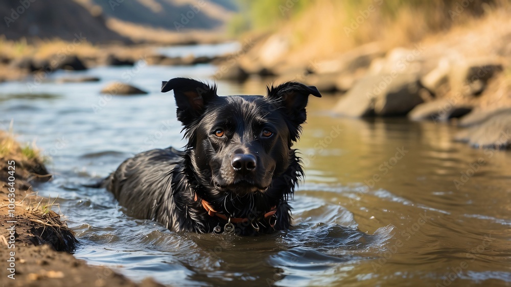 black dog is swimming in the river black dog is swimming in the river