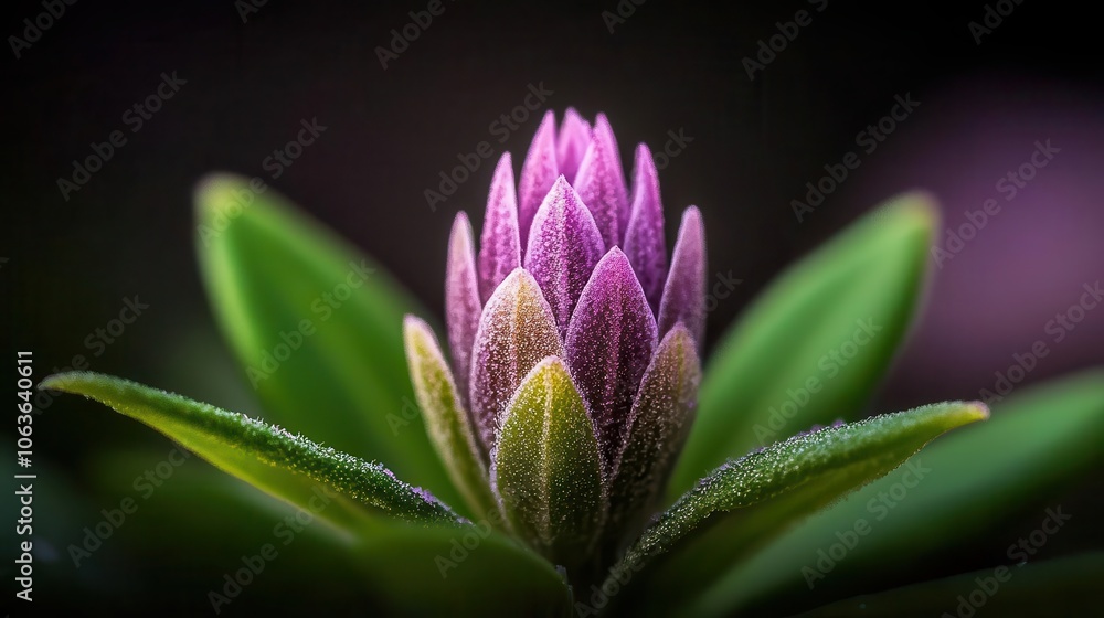 Macro of a budding lavender flower, soft purple and green, detailed botanical growth