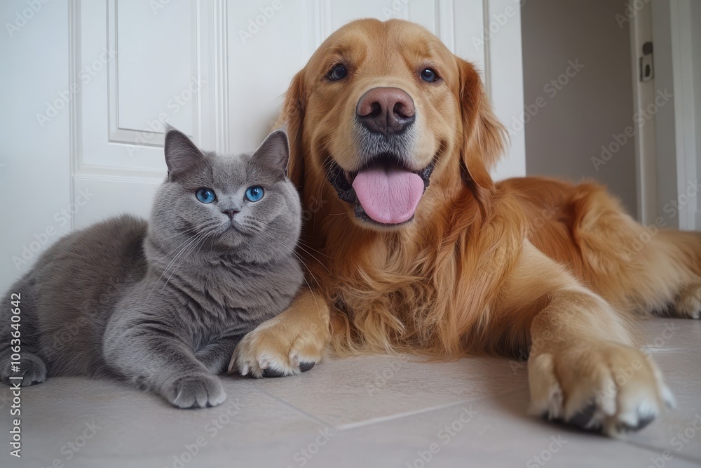 Friendly Dog and Cat Relaxing Together at Home Friendly Dog and Cat Relaxing Together at Home