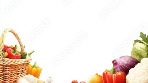 A basket of colorful vegetables with various fresh produce arranged on a white background.
