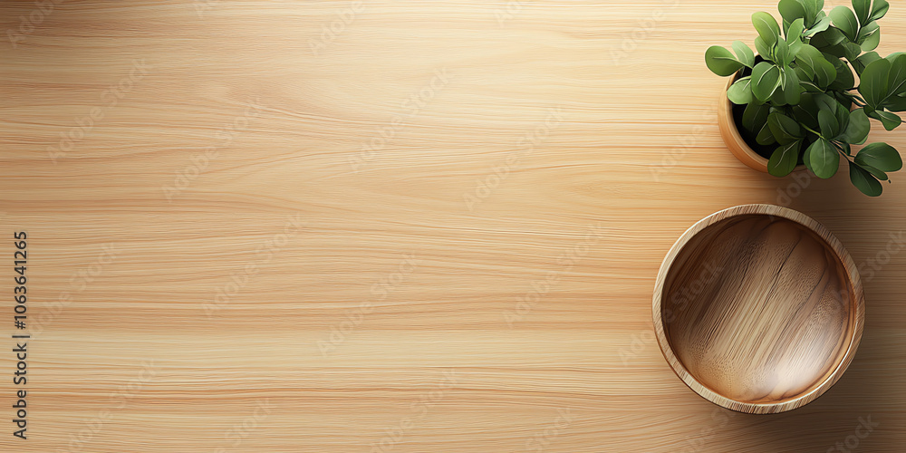 Light Wooden Table with Bowl and Green Plant – Top View Light Wooden Table with Bowl and Green Plant – Top View