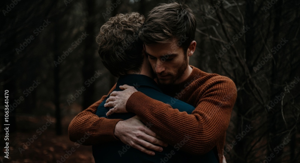 Emotional embrace between two men in a dark forest setting Emotional embrace between two men in a dark forest setting