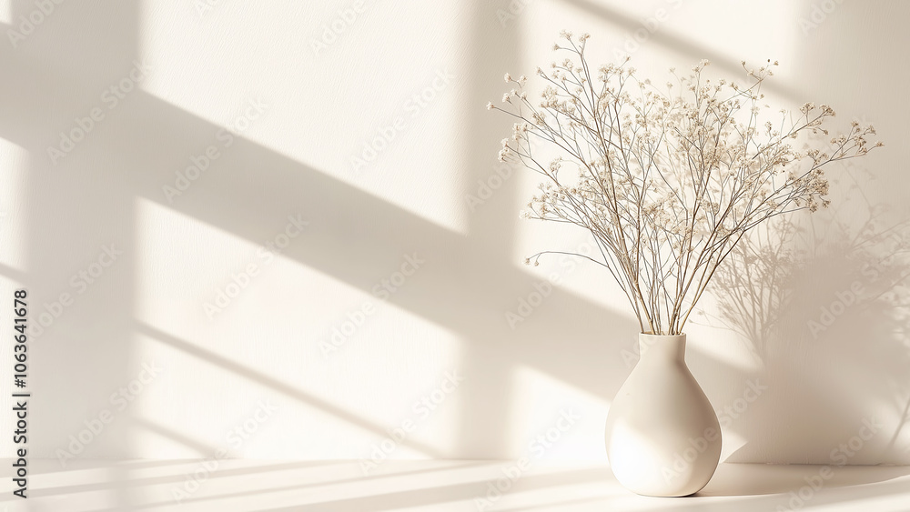 Minimalist white vase with dried flowers and soft shadows, space for text