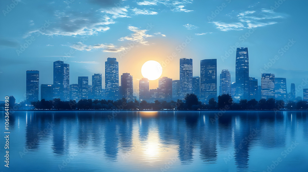 Fototapeta premium Cityscape at Sunset with Water Reflection - Realistic Image