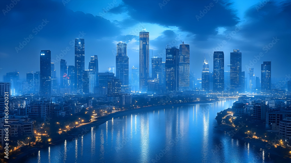 Fototapeta premium City Skyline at Night with River Reflection - Photographic Image