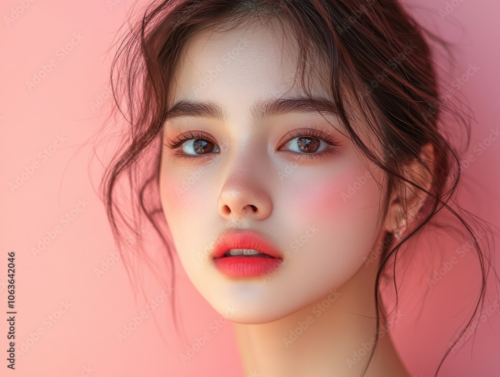 a young Asian woman Light beauty portrait of against a pink background a young Asian woman Light beauty portrait of against a pink background