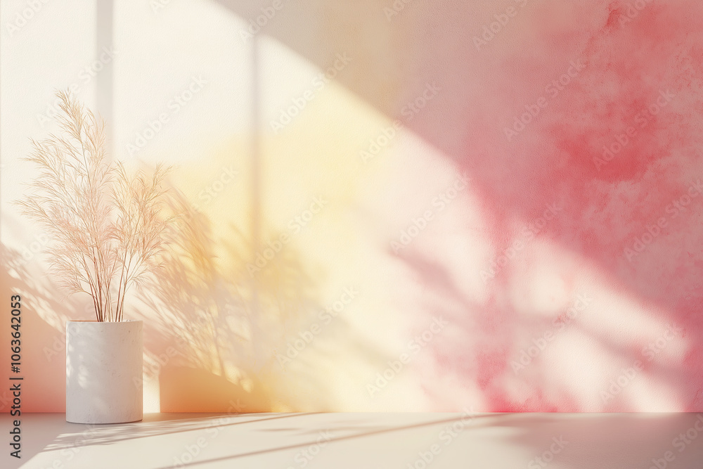 Pastel gradient wall from light pink to soft yellow and vase with decorative flowers Pastel gradient wall from light pink to soft yellow and vase with decorative flowers
