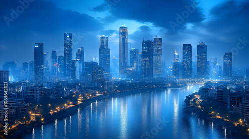 City Skyline at Night with River Reflection - Photographic Image