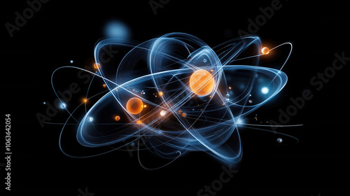 Atomic structure with electrons orbiting nucleus, representing crystal lattice. This vibrant illustration captures essence of atomic interactions and energy photo