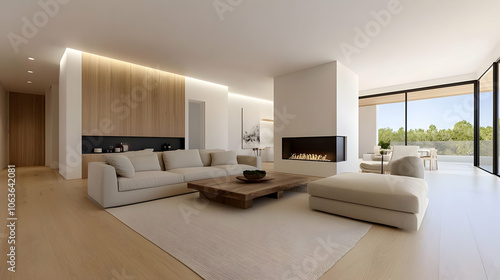 Modern living room interior design with natural light and minimalistic decor.