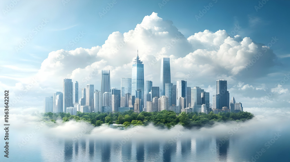 Fototapeta premium Cityscape Floating on Clouds - Illustration