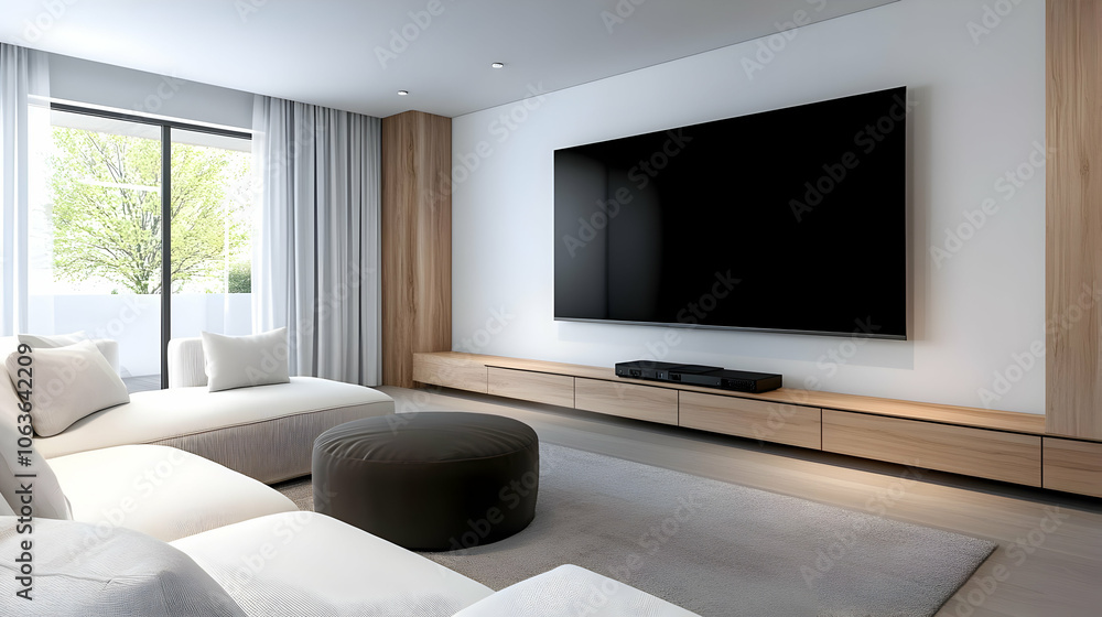 Fototapeta premium Modern living room with sleek furniture, large TV, and bright natural light from windows.