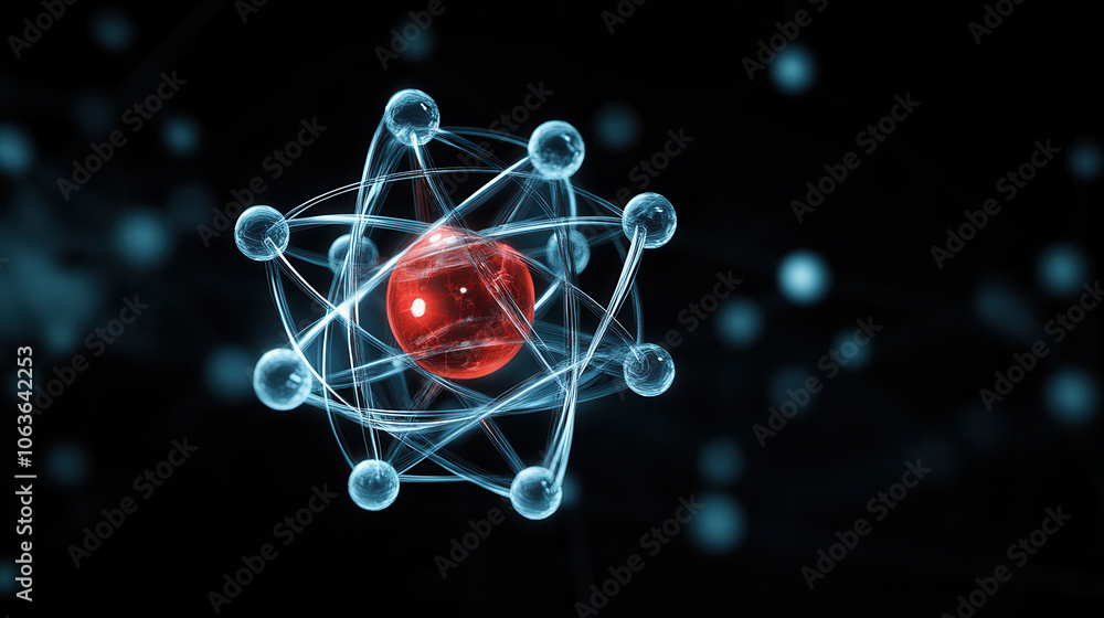 visually captivating atomic structure with red nucleus and blue electrons, representing essence of science and discovery visually captivating atomic structure with red nucleus and blue electrons, representing essence of science and discovery