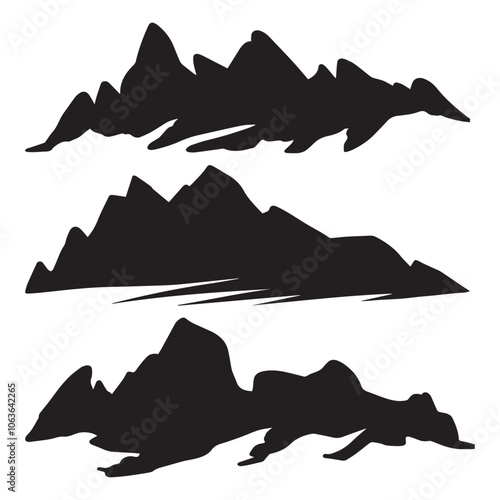 Mountain silhouettes for landscape design. Rocky hills terrain vector. Set of mountains peaks art. Different mountain range for hiking or climbing. Vector illustration of  mountains panoramic view