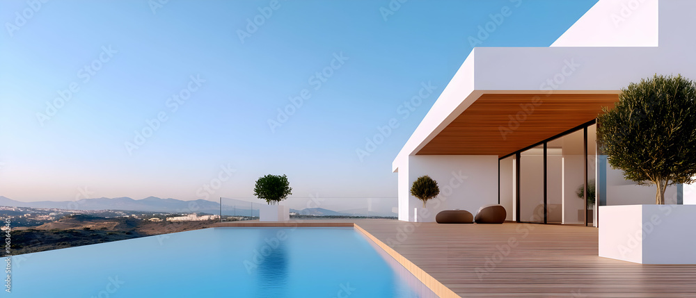 Fototapeta premium Modern villa with pool, stunning view, bright blue sky, minimalist design and elegant outdoor space.