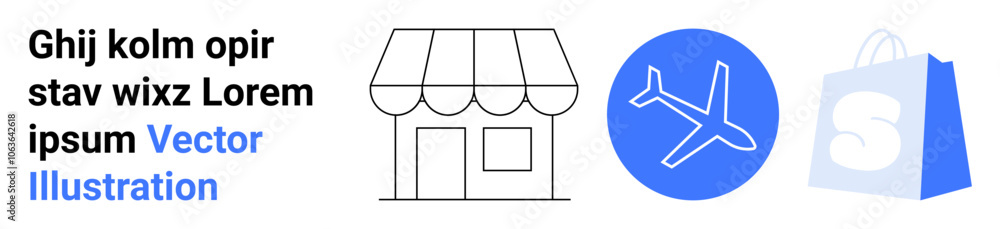 Set of icons representing a store, an airplane, and a shopping bag. Ideal for e-commerce, travel-related services, logistics, retail shops, and online shopping concepts. Landing page Set of icons representing a store, an airplane, and a shopping bag. Ideal for e-commerce, travel-related services, logistics, retail shops, and online shopping concepts. Landing page
