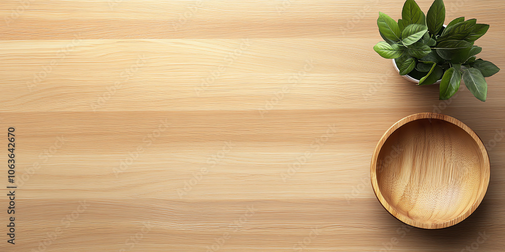 Light Wooden Table with Bowl and Green Plant – Top View Light Wooden Table with Bowl and Green Plant – Top View