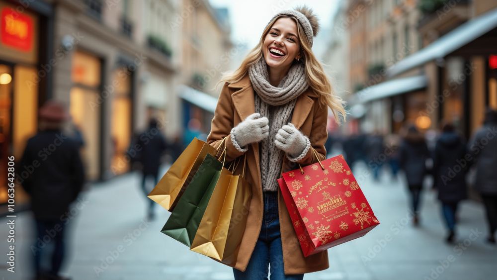 Excited Woman on Winter Shopping Spree: Festive Retail Excitement for Holiday Sales Campaigns and Seasonal Promotions Excited Woman on Winter Shopping Spree: Festive Retail Excitement for Holiday Sales Campaigns and Seasonal Promotions