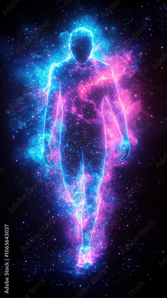 neon outline of human figure fades into cosmic background, surrounded by vibrant blue and pink nebulae, creating mystical and ethereal atmosphere neon outline of human figure fades into cosmic background, surrounded by vibrant blue and pink nebulae, creating mystical and ethereal atmosphere