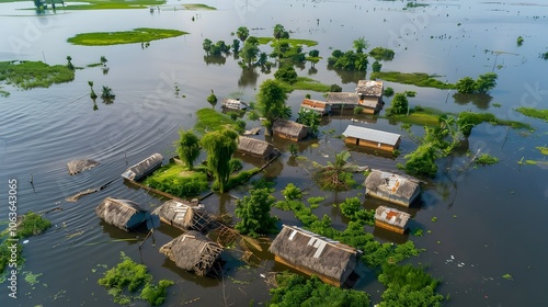 Aerial View of Submerged Village in Flooded Rural Tropical Landscape