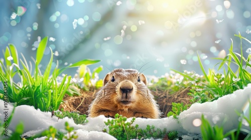 Realistic Groundhog Day Card with Groundhog in Burrow and Lush Greenery photo