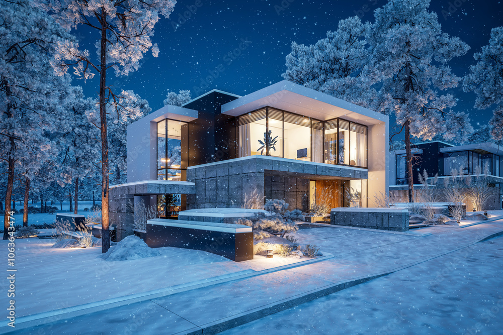 Obraz premium 3d rendering of flat roof house with parking and pool for sale or rent with concrete facade and beautiful landscaping on background. Cool winter night with stars and snow in sky