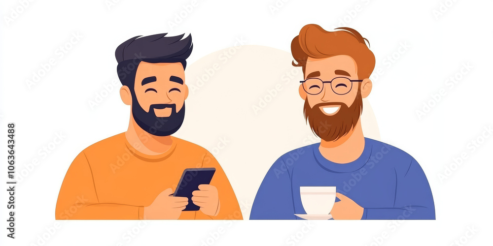 Two bearded men, one with a phone and the other with a cup of coffee, smiling at each other. Two bearded men, one with a phone and the other with a cup of coffee, smiling at each other.