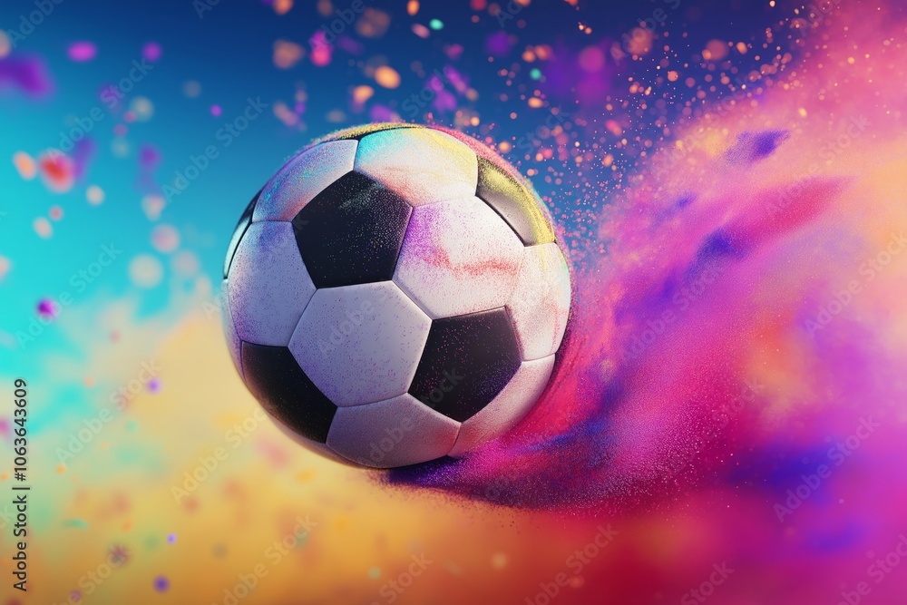Fototapeta premium Soccer ball surrounded by vibrant color powder explosion on a gradient background. Sports celebration and action concept