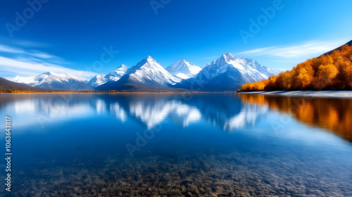 Stunning reflection of mountains in a calm lake under a blue sky with autumn foliage.