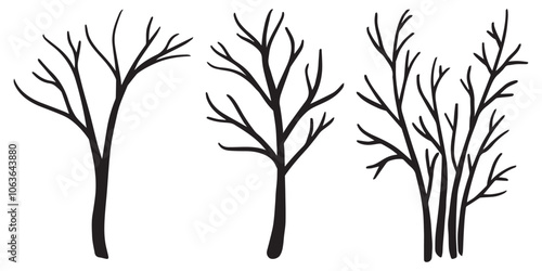 Set of winter trees without leaves silhouettes collection. Naked tree isolated on white background. Vector black bare tree, dead tree branch. Dry tree branches, tree roots, lonely  leafless tree.