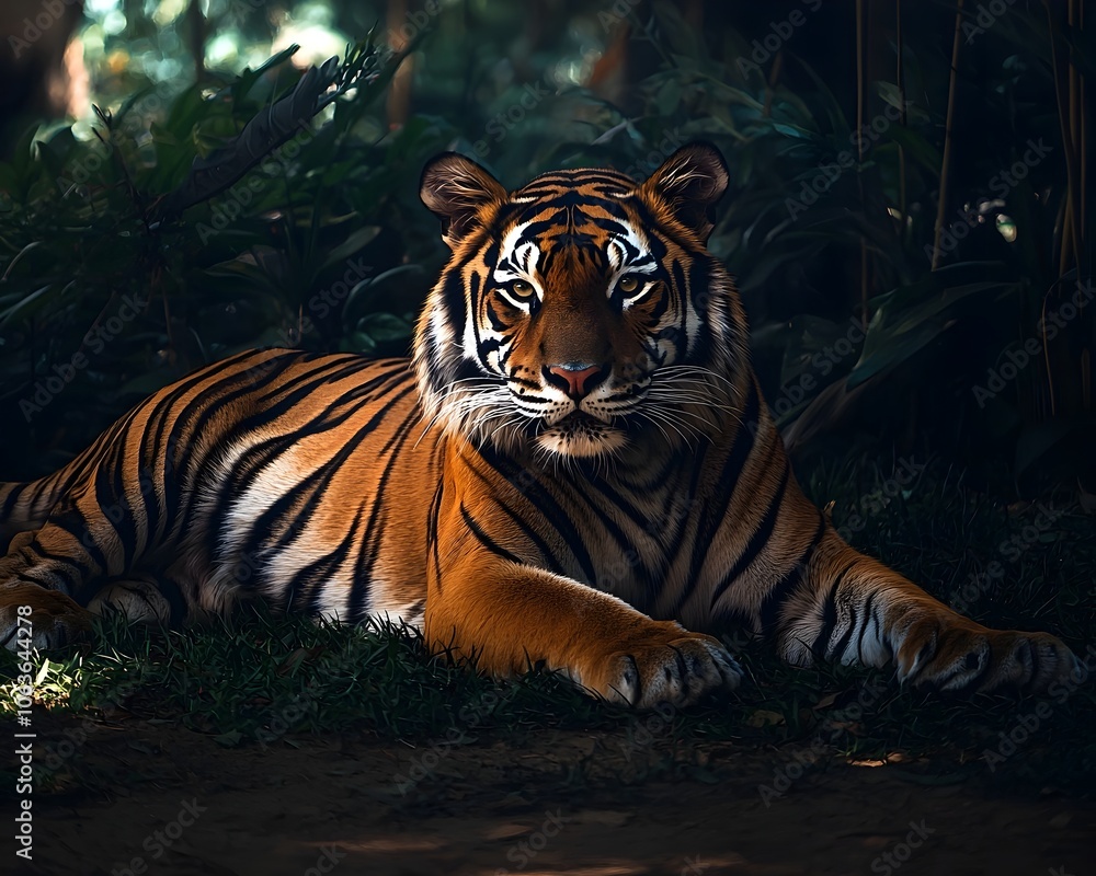 Obraz premium Regal Tiger Resting in Jungle Clearing Its Striking Stripes Blending into the Shadows