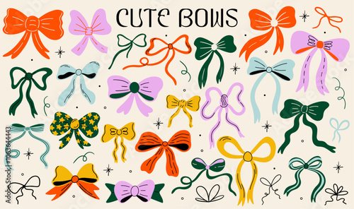 Set of various bow knot accessories, different types of ribbons decorative elements for christmas, Valentine's day, birthday gift vector illustration in cartoon retro groovy style. Coquette stickers