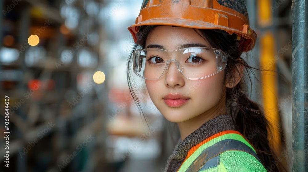 A young woman construction worker wearing a hard hat and safety glasses looks directly at the camera with a serious expression. A young woman construction worker wearing a hard hat and safety glasses looks directly at the camera with a serious expression.