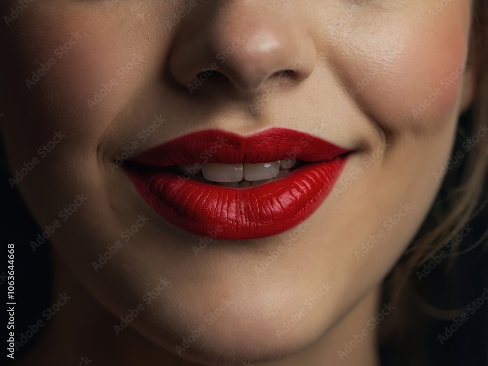 A close-up of a woman's lips adorned with rich, red lipstick, showcasing their smoothness and glossy finish, exuding confidence and allure A close-up of a woman's lips adorned with rich, red lipstick, showcasing their smoothness and glossy finish, exuding confidence and allure