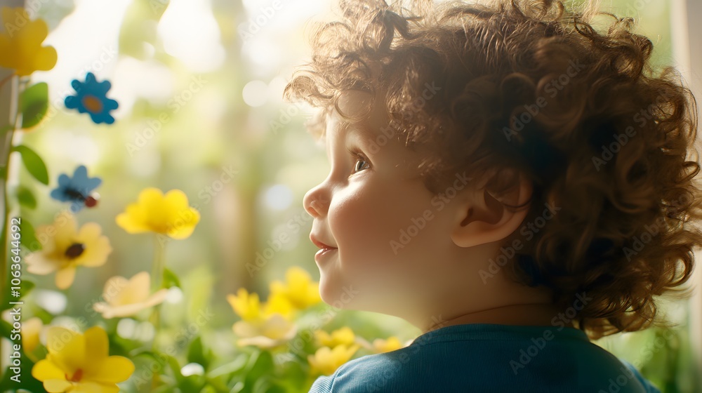 Fototapeta premium Candid photo of a child exploring a 3D garden with 2D bugs and plants around, creating a blend of learning and art, 4k resolution