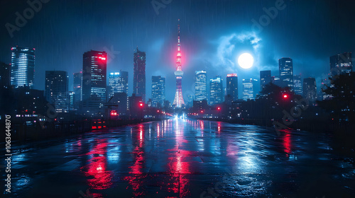 Rainy Night Cityscape Illus...