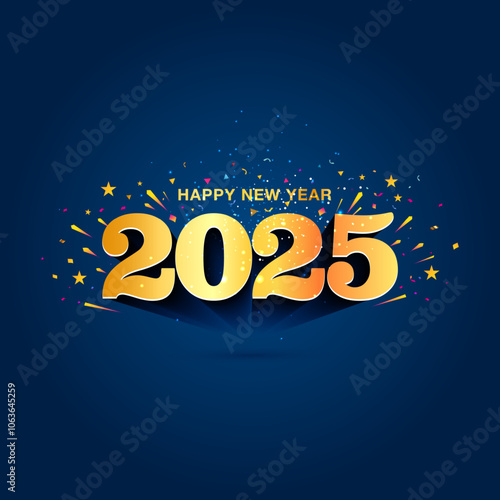 Golden logo design of 2025 happy new year with festive confetti background.