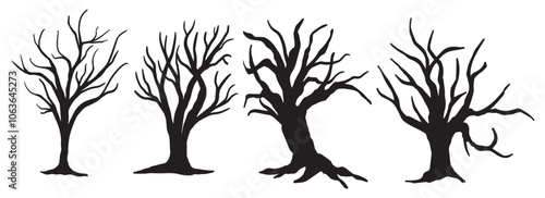 Set of winter trees without leaves silhouettes collection. Naked tree isolated on white background. Vector black bare tree, dead tree branch. Dry tree branches, tree roots, lonely  leafless tree.