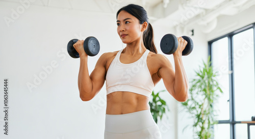 Confident young Asian woman engaging in home workout with dumbbells for strength training