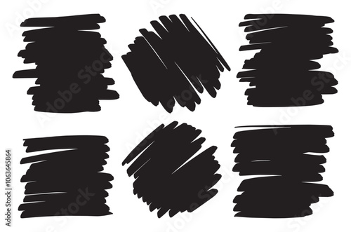 Hand drawn marker strokes and stains vector set. Black paint blob brush grunge banner shape, ink brush strokes, dirty artistic frames. Street art texture scribble lines, crazy hatch, oval, ink blot 