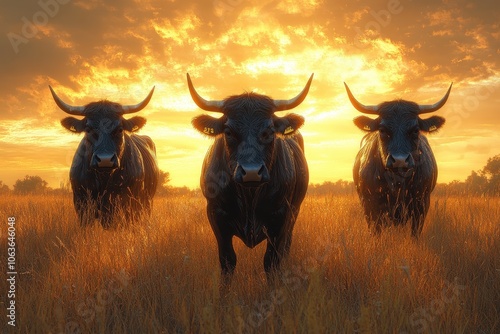 Three Black Cows Grazing in a Golden Grassland at Sunset