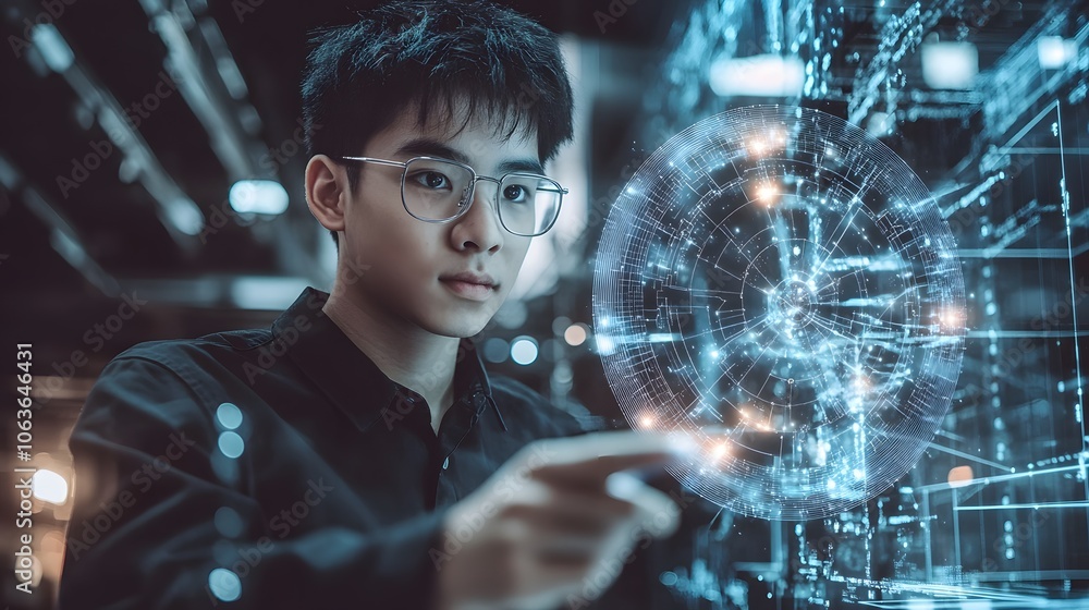 Candid photo of a student learning geometry through a 3D AI visual model with 2D measurement tools displayed, blending spatial understanding with smart technology, 4k resolution Candid photo of a student learning geometry through a 3D AI visual model with 2D measurement tools displayed, blending spatial understanding with smart technology, 4k resolution