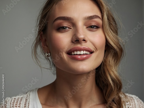 An exquisite close-up portrait of a woman highlighting her enchanting eyes and perfectly defined lips, exuding a sense of charm and sophistication