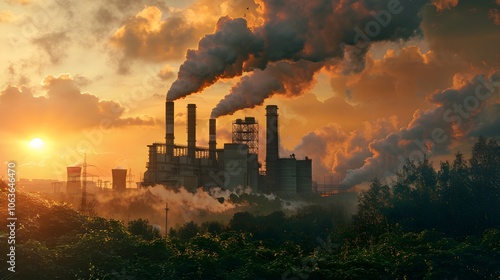 Smoking industrial plant at sunset polluting the environment and climate change concept